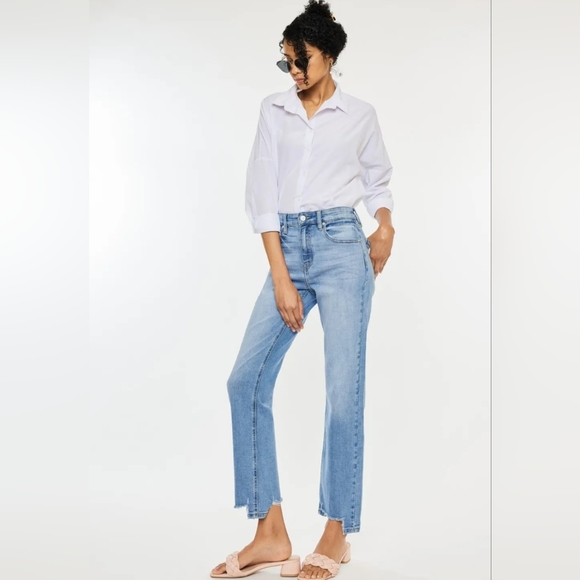 KanCan High-Rise Waist Distressed Raw Hem Wide Straight Leg Mom Denim Jean Pants - Picture 12 of 14